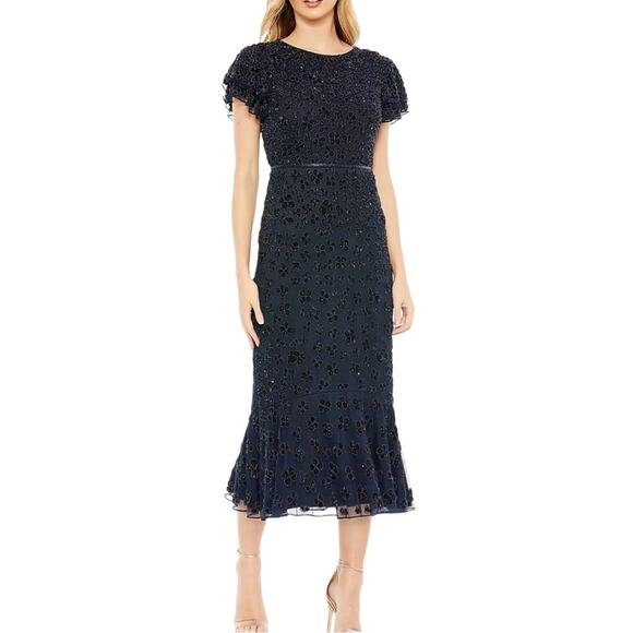 NWOT Mac Duggal Flutter Sleeve Beaded Navy Midi Dress in Midnight 14 - Picture 1 of 9